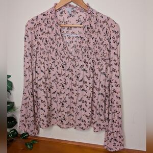 Lucky Brand Pink Floral Smocked Peasant Blouse Long Sleeve Women’s Large